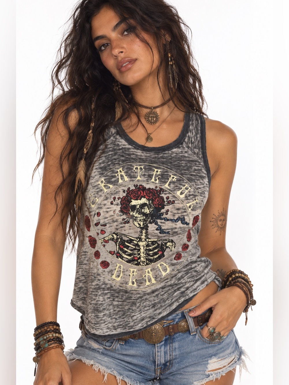 Grateful Dead Burnout Tank Top Gray Sheer Skeleton Roses Graphic Hippie Boho